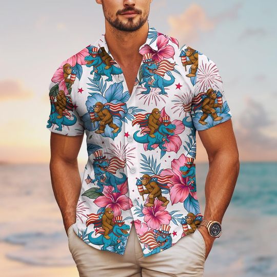 Discover Bigfoot Dinosaurs Hawaiian Shirt, Button Up Summer Shirt, Adventure Outfit, Bigfoot Gift, Bigfoot Dinosaurs, Gift for Dinosaur Lover