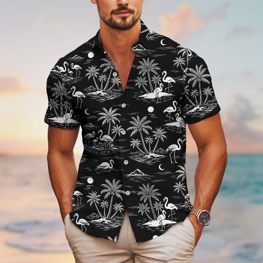 Discover Flamingo Tropical Hawaiian Shirt, Button Up Summer Shirt, Beach Outfit, Flamingo Gift, Flamingo Tropical Shirt, Gift for Flamingo Lover