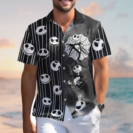 Discover Jack and Sally Hawaiian Shirt, Button Up Summer Shirt, Spooky Outfit, Jack and Sally Gift, Gift for Nightmare Fan
