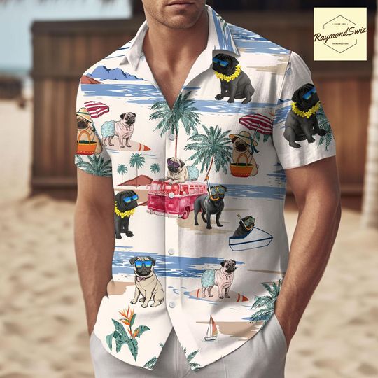 Pug Hawaiian Shirt, Pug Button Up, Casual Pug Lover Outfit, Gift for Pug Dog Lovers, Cute Pug Gift Idea,Dog Dad Gift