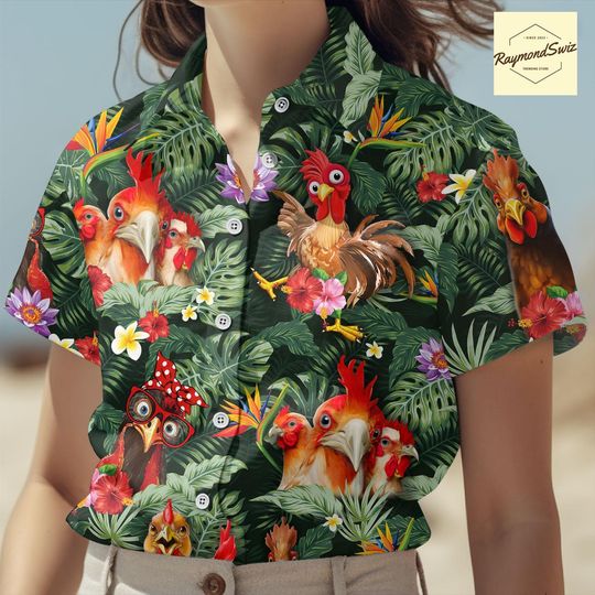 Chicken Hawaiian Shirt, Funny Rooster Button Shirt, Farm Animal Aloha Shirt, Tropical Chicken Shirt, Barnyard Lover Gift , Chicken Shirt