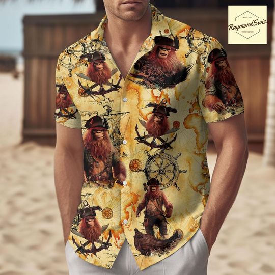 Discover Funny Bigfoot Hawaiian Shirt, Pirates of the Caribbean Aloha Shirt Holiday, Bigfoot Pirate Vacation Shirt, Bigfoot Captain Tropical Shirt