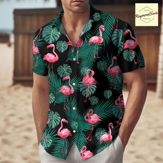 Discover Flamingo Button Shirt, Flamingo Tropical Beach Hawaiian Shirt, Flamingo Summer Aloha Shirt, Vacation Party Shirt Holiday