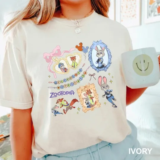 Discover Disney Zootopia Judy Nick Coquette Watercolor Ivory Comfort Colors T-shirt
