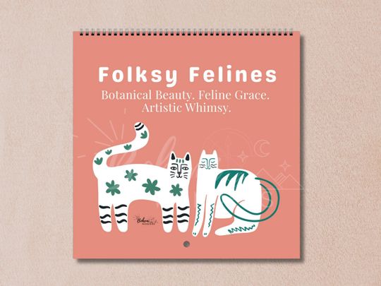 Discover 2026 Folksy Whimsical Cat Wall Calendar  Bold Retro Colorful Feline Calendar  Cat Lover Calendar  Custom Start Date