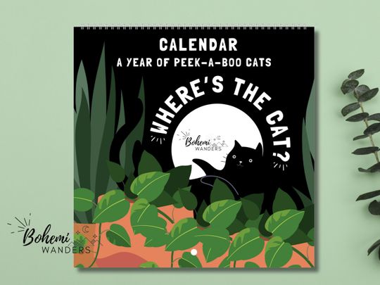 Discover 2026 Funny Where's The Cat Black Cat Calendar: Peek-a-Boo Black Cats Wall Art