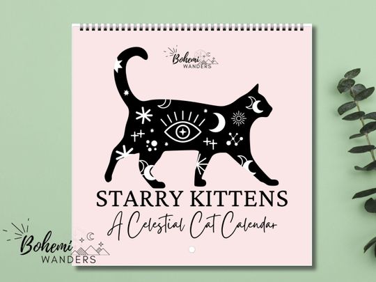 Witchy Celestial Black Cats Calendar 2026 Mystical Cat Calendar with Crystals, Moons and Stars, Starry Kittens Calendar