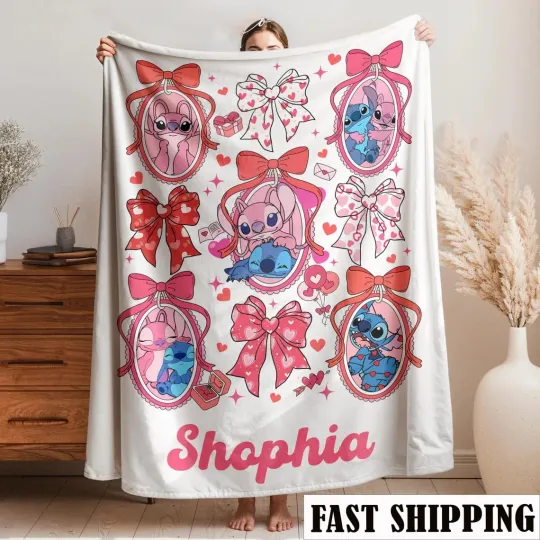 Discover Disney Personalized Cute Stitch & Angle Fleece Blanket