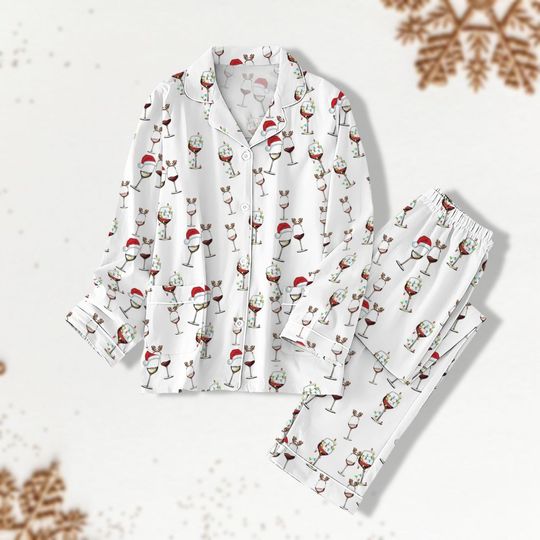 Christmas Wine Pajama Set for Adults, Holiday Loungewear, Wine Lover Gift, Bridesmaid PJs, Party Sleepwear