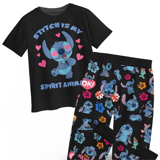 Discover Disney Stitch T-Shirt and Pajama Set for Women, Valentines Sleepwear, Lounge/Bedroom Pajamas