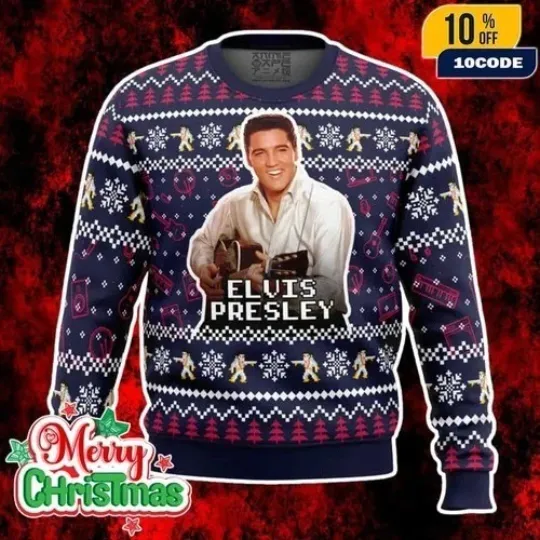 Ugly Christmas Sweater Elvis Presley Holiday Knit Pullover Retro Rock And Roll