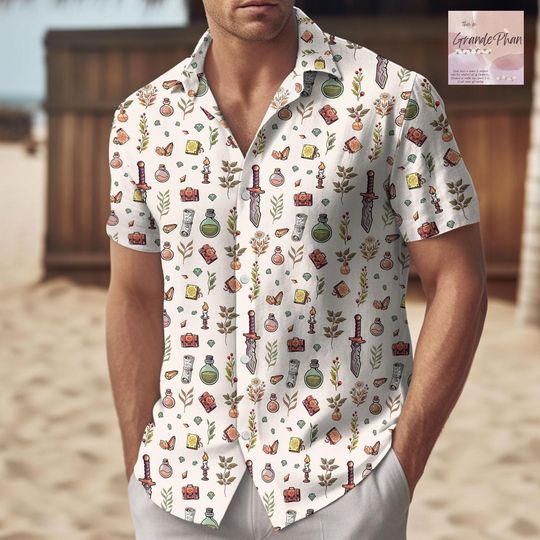 Dungeons and Dragons Spellcaster Hawaiian Shirt, Fantasy Wizard Button-Up, RPG Gaming Aloha Shirt