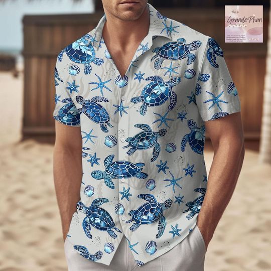 Discover Sea Turtle Hawaiian Shirt, Blue Button-Up Shirt, Ocean Lover Summer Outfit, Sea Turtle Gift, Nature Lover Gift