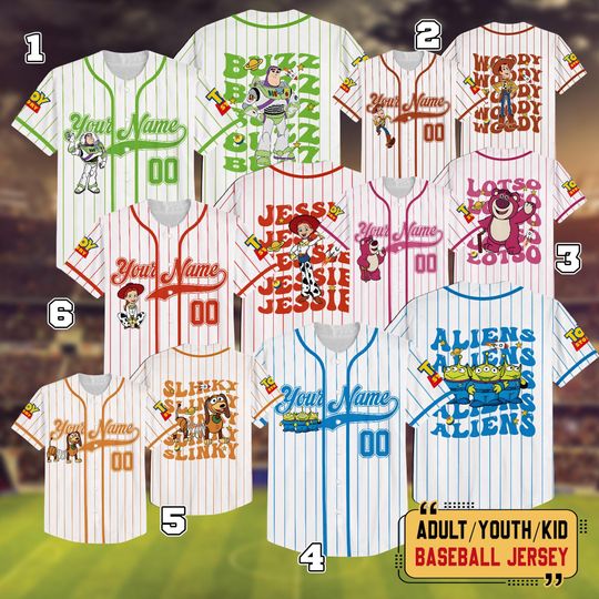 Discover Personalized Toy Story All Characters Baseball Jersey, Custom Woody Buzz Slinky Aliens, Disneyland Trip Family Shirt, Kids Birthday Gift
