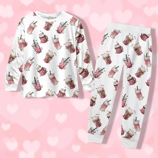 Valentine Coffee Pajamas Set for Women, Couple Pajama Set with Heart Design