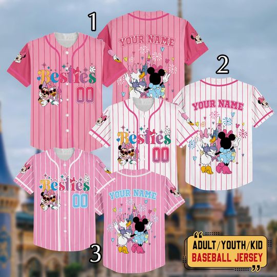 Discover Personalized Disney Minnie Daisy Bestie Baseball Jersey, Custom Disneyworld Girls Trip Jersey, Disney Besties Castle Shirt, Disney Trip Tee