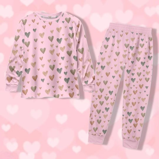 Valentine Heart Pajamas Set for Adults, Couple and Bridal Sleepwear, Long Sleeve Nightwear