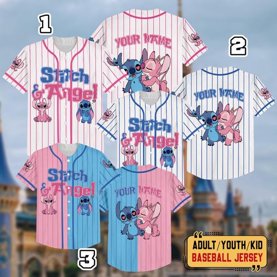 Discover Personalized Stitch And Angel Jersey, Custom Stitch Angel Baseball Jersey, Stitch Live Action Movie, Disneyland Trip Family Matching Shirt