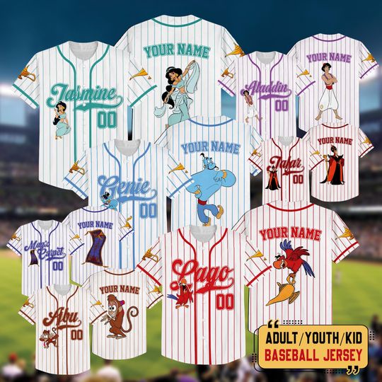 Discover Personalized Disney Aladdin Characters Baseball Jersey, Custom Aladdin Jasmine Genie Abu Shirt, Aladdin Jafar Villain Disneyland Family