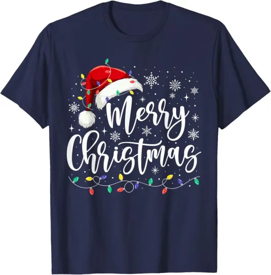 Discover Merry Christmas Lights Red Santa Hat Xmas Family T-Shirt