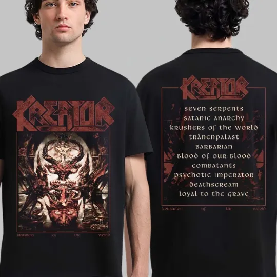 Discover Kreator Krushers of The World Vintage Cover Tracklist Two Sided T-Shirt