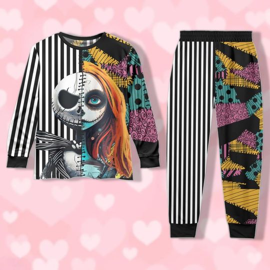 Discover Jack and Sally Pajamas Set for Adults, Disney Couples Long Sleeve Sleepwear, Button-Down Pajamas, Loungewear