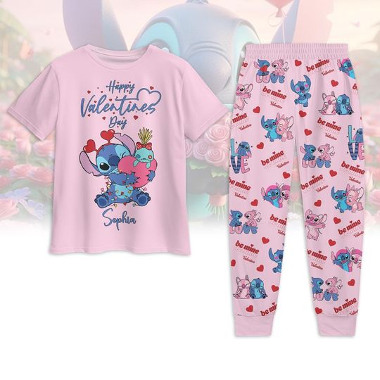 Valentines Stitch and Angel Pajamas Set, Personalized Disney Loungewear, Pajama Pants for Women and Men
