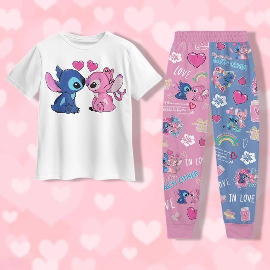 Discover Disney Stitch and Angel T-Shirt and Pajama Set, Stitch Pants Pajamas, Cartoon Nightwear for Women and Men