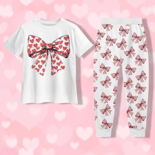 Valentine's Day Heart Coquette Bow 3D T-Shirt & Pants Pajamas Set for Women