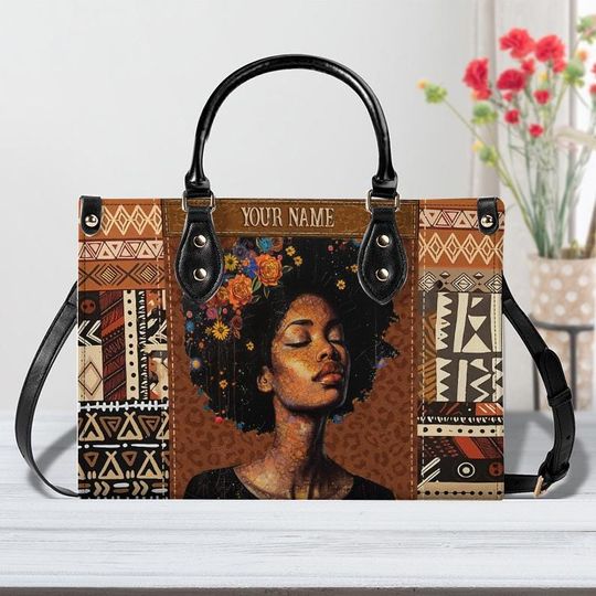 Personalized African American Leather Handbags, Tote Bag Gift, Black Mom Magic Bag, Afro Woman Bags, Mother's Day Gift
