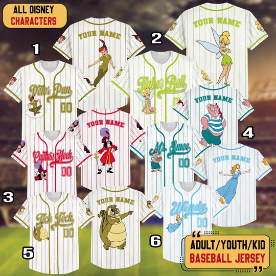 Discover Personalzied Disney Peter Pan Movie Characters Baseball Jersey, Custom Disney Tinker Bell Jersey Shirt, Disney Birthday Gift Baseball Outfit