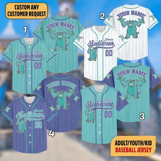 Discover Custom Disney Monster Inc James Sullivan Cyan Simple Baseball Jersey, Personalized Monster Sulley Halloween Jersey, Disneyland Trip Shirt