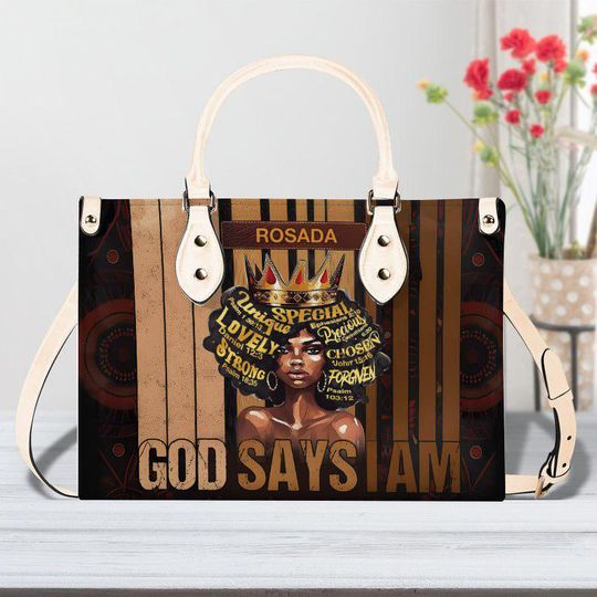 Discover Custom God Says I Am Afro Woman Bag, Black Women Leather Handbag, Mother's Day Tote Bag For Black Mom, African American Gift
