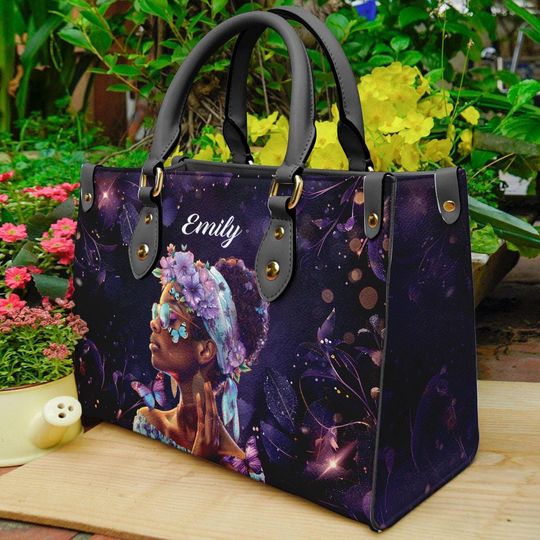 Discover Personalized Afro Woman Bags, Black Women Leather Handbag, Mother's Day Tote Bag For Black Mom, Melanin African American Bags