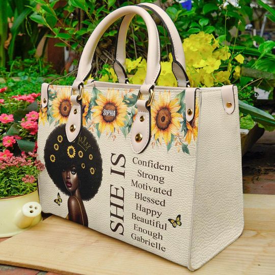 Personalized Name Black Women Leather Handbag, Beauty Afro Woman Tote Bags, Mother's Day Gift For Black Mom