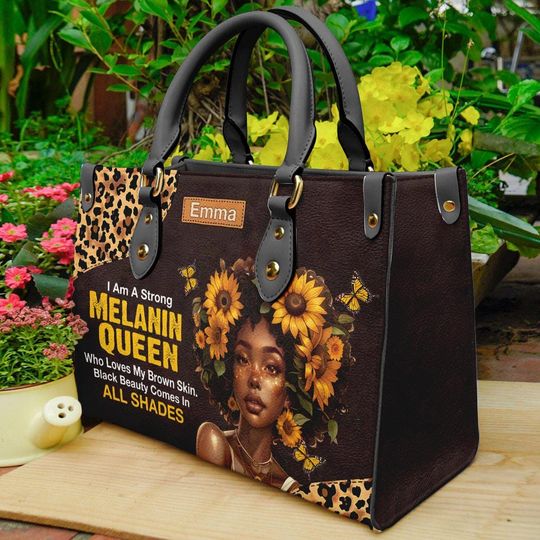Personalized Strong Melanin Black Queen Leather Handbag, Sunflower Beauty Afro Woman Tote Bag, Mothers Day Gift For Black Mom