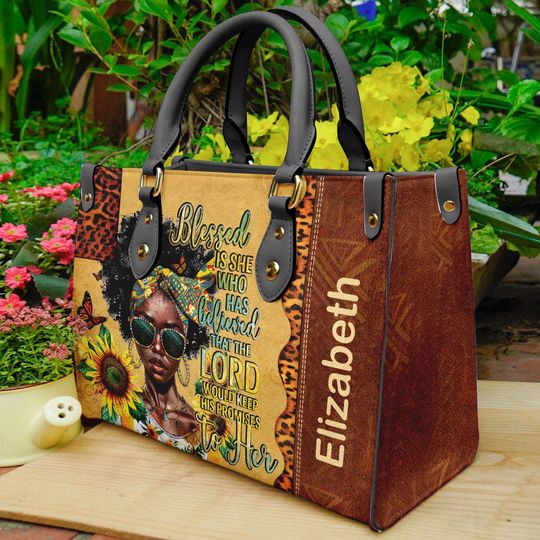 Sunflower Blessed Is She Leather Handbag For Black Women, Mothers Day Birthday Christmas Gifts For Women For Black Woman Bag