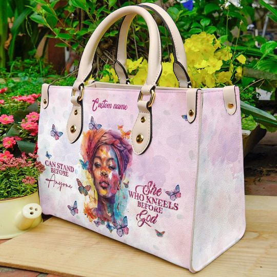 Discover Custom Name Leather Handbags For Women, Flower Kneel Before God African American Women Gift, Afro Woman Bags, Mother's Day Gift