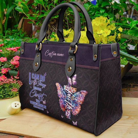 Discover Personalized Leather Handbag With Bible Verse, I Can Do All Things Through Him Who Strengthens Me, Christian Butterfly Handbag ID-0321-HNFH