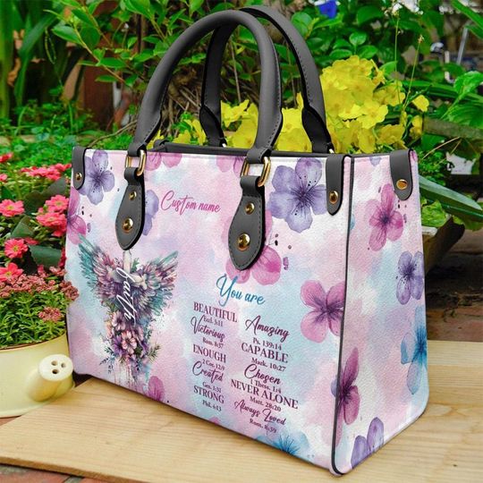 Discover Personalized Leather Handbag With Bible Verse, Custom Name God Says You Are Cross Wings Flower, Christian Gift Handbag ID-0321-TUKW