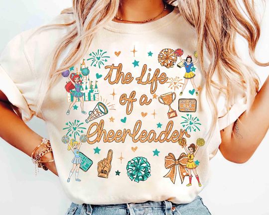 Discover Disney Princess Cheerleader Group T-Shirt with Belle, Cinde, and Magic Kingdom Dance Championships Design