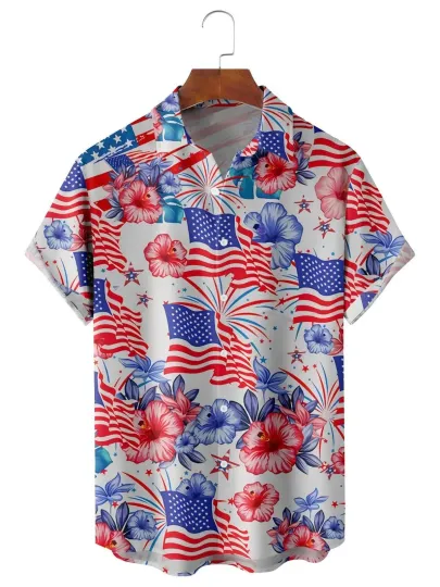 Discover American Flag Flower Casual Mens Hawaiian Shirt, 4Th Of July Shirt