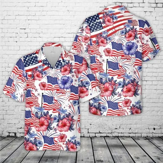 Discover Flower American Flag 4Th Of July Hawaiian Shirt
