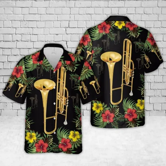 Discover Tropical Trombone and Hibiscus Hawaiian Shirt, Casual Shirt For Men