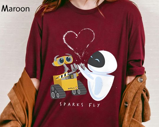 Vintage Wall-E and Eve Love Sparks Fly T-Shirt, Disneyland Couple Matching, Valentine's Day Disney Tee