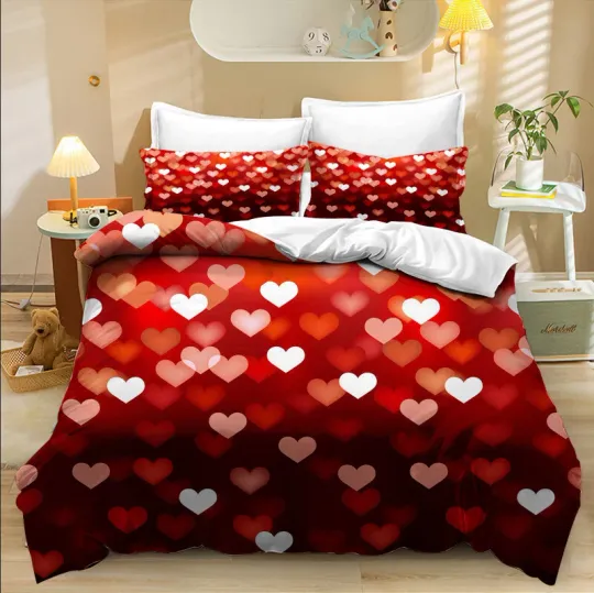 Discover Romantic Heart Valentine's Day Duvet Cover Bedding Set Queen with Pillowcases