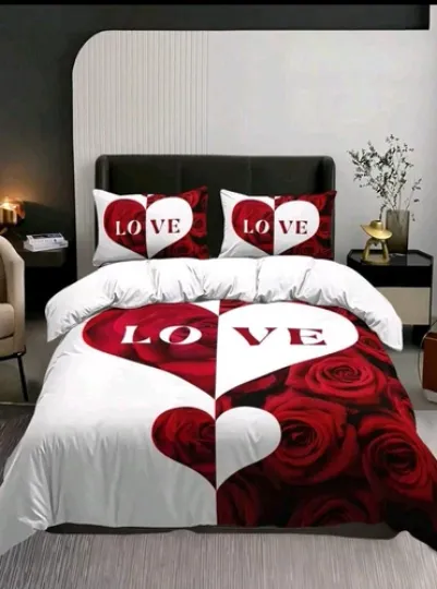 Discover Red Rose Pattern 3-Piece Queen Duvet Set with Heart Print Bedding