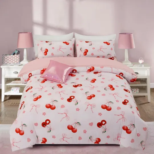 Discover Pink Cherries Cartoon Comforter Set with Hearts Flowers and Grass Design