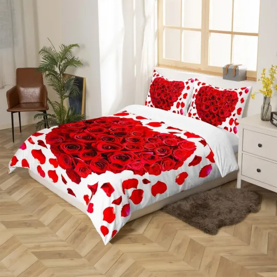 Discover Red Heart Duvet Cover Set Full Size with Rose Floral Petals Bedding