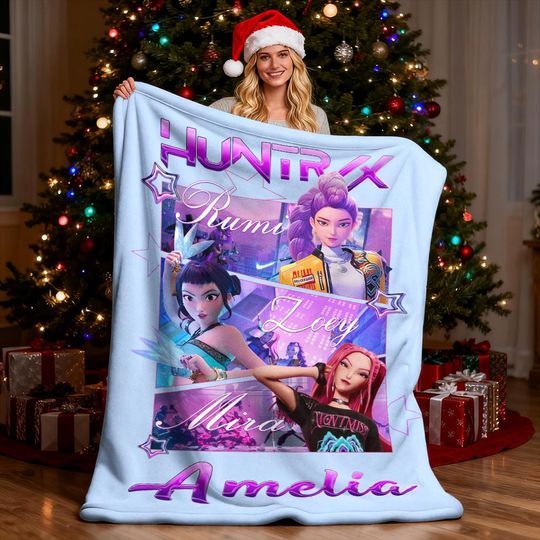 Personalized Huntrix Christmas Gift,Custom Flanne,Kpop Demon Hunter Blanket,Winter Cozy Throw for kids Teens,Mira Zoey Rumi